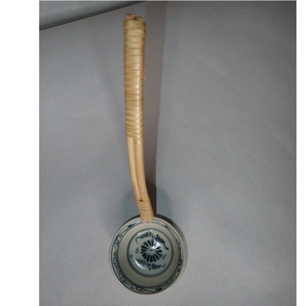 Vintage Blue and White Ceramic Water Ladle with Bamboo Handle